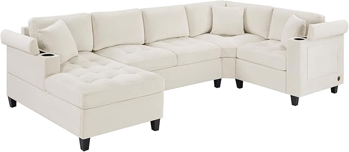 Modern U-Shaped Sectional Sofa 115.7 Corner Sectional Living Room Couch Oversized Sectional with Built-in Cup Holders Storage Space and USB Ports for Living Room (Beige-X22)