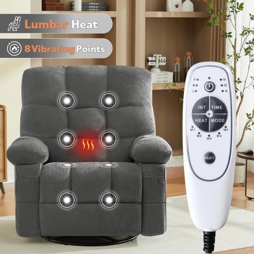 Oversized Recliner Chair for Adults w/ 8-Point 3D Kneading Massage and Lumbar Heating Swivel Rocker Recliner w/USB Charge Port for Living Room Ergonomic Lazy Boy Single Sofa Chair (Gray New)