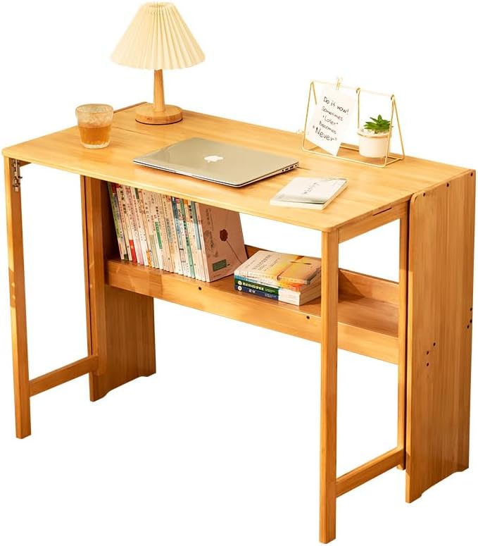Bamboo Foldable Desk Small Folding Computer Desk with Hidden Storage Space Saving Study Table Fold Out Tables for Small Spaces Home Office Apartment (Natural)