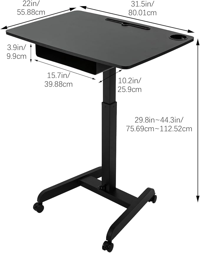Mobile Standing Desk 44 Height Adjustable Foot Pedal Rolling Desk Portable Pneumatic Laptop Standing Workstation Cart with Storage Box and Wheels for Home Office Craft &amp Study Black