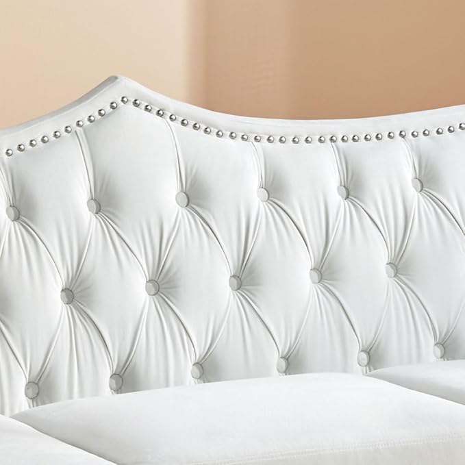3 Seater Chesterfield Sofa Velvet Modern Tufted Velvet Couch with Scroll Arms and Nailhead Classic Chesterfield Settee Couches (White)