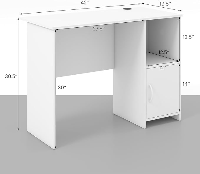 COSTWAY 42” White Home Office Desk Modern Computer Workstation with Open Compartment &amp Cabinet Compact Writing Desk with Cable Holes for Bedroom Study Room Dorm