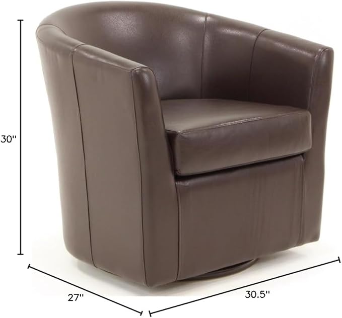 Pemberly Row Swivel Club Chair 30H Faux Leather Upholstered Accent Chair Dark Brown Finish Flared Arms Removable Seat 360-Degree Swivel Base Comfortable Seating for Living Room or Reading Nook