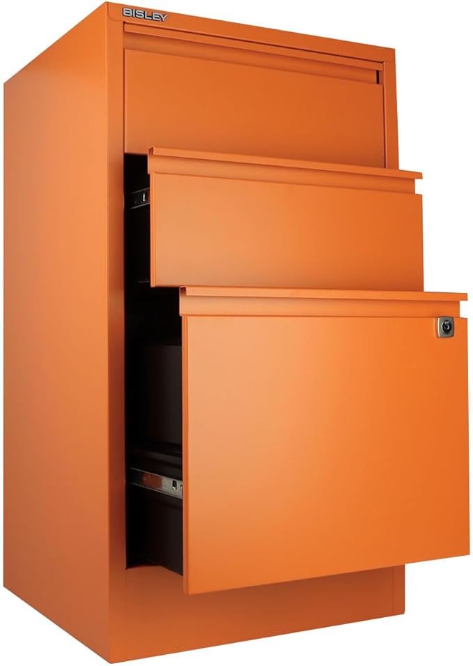 3-Drawer Flush Front Vertical File Cabinet - Bisley Orange 2 Utility Drawers + 1 Hanging File Drawer Powder-Coated Steel Locking Bottom Drawer by Bisley
