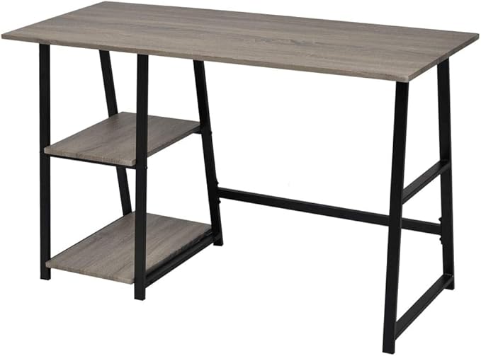 Writing Table Computer Desk Home Office Study Desk with 2-Tier Shelves Industrial Simple Style PC Gaming Desk Workstation for PC Laptop Notebook Gray