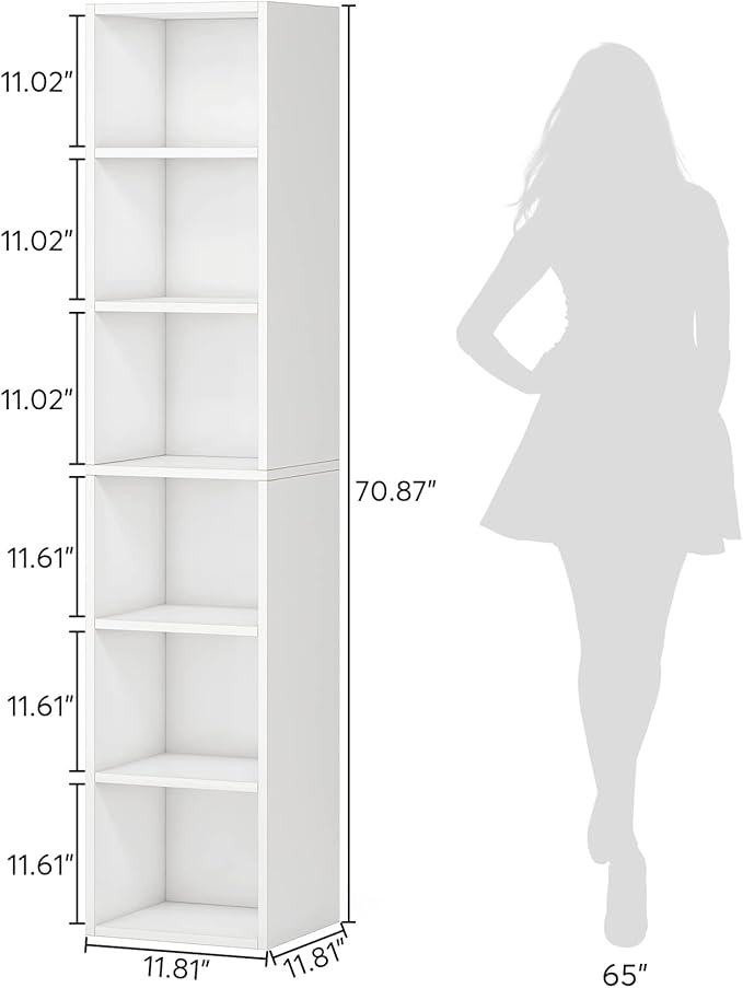 LITTLE TREE 70.9 Inch Tall Narrow Bookcase Corner Bookshelf 6 Tier Cube Display Shelf Storage Organizer for Small Space White
