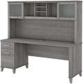 Pemberly Row 72W Office Desk with Drawers and Hutch Engineered Wood Gray Finish Frosted Glass Doors Spacious Work Surface Wire Management Home Office Furniture with Storage