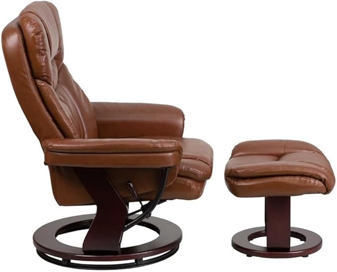 Pemberly Row Leather Recliner Chair 41.25 H x 33 W x 34-44.5 D Vintage Brown Finish Mahogany Wood Base Swivel Seat Plush Upholstered Arms Lever Adjusting Recliner for Home or Office Lounge