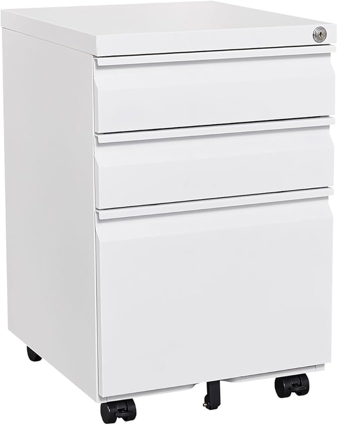 3-Drawer Mobile Filing Cabinet with Lock Legal/Letter Sized Office Storage Cabinet Metal Suitable for Offices and Study Rooms(White)