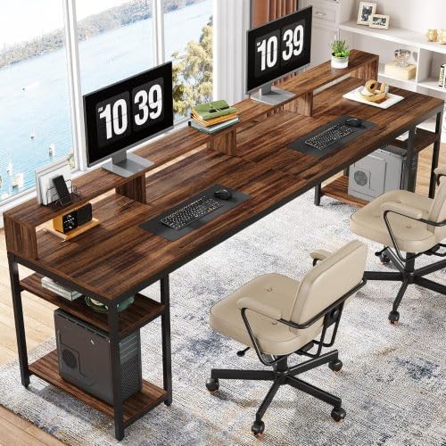 78 Two Person Computer Desk with Drawers Long Double Home Office Desk with with Storage Shelves Large Gaming Study Writing Table Workstation for Office (Brown-Monitor Stand)