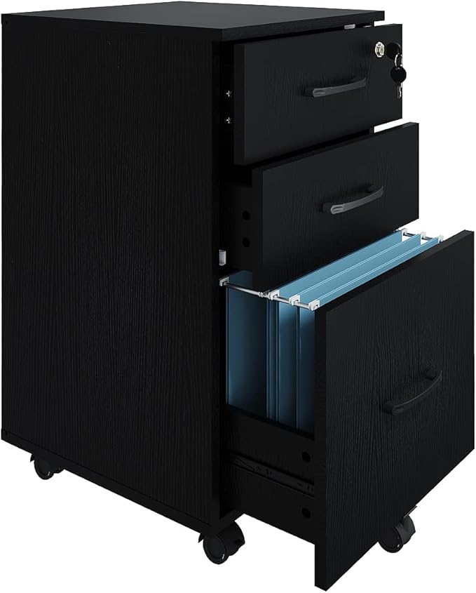 3 Drawers Wooden Locking File Cabinet with Storage Removable File Cabinet for Home OfficeUnder Desk Filing Cabinets(Black)