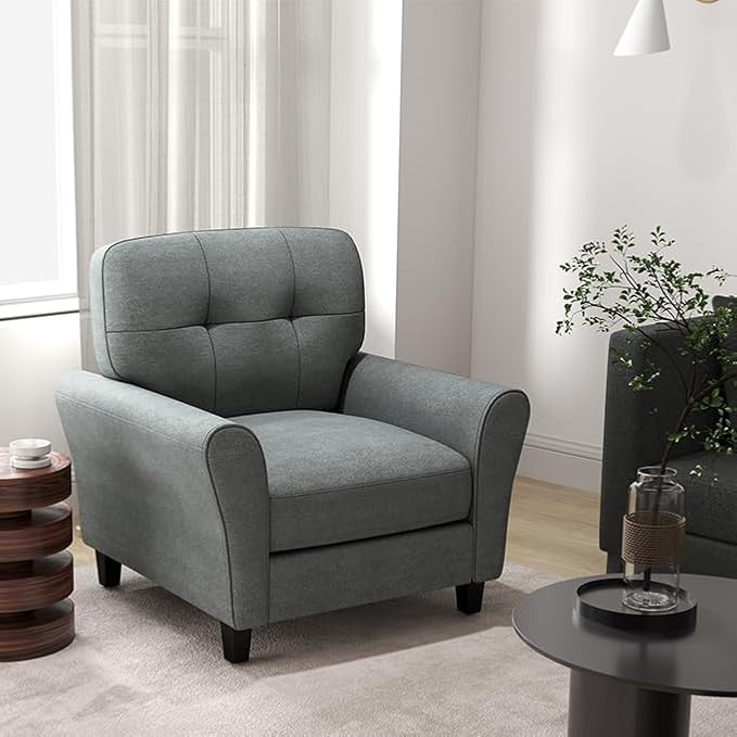 KOMFOTT Upholstered Accent Chairs Set of 2 Mid-Century Modern Living Room Chairs Linen Fabric Armchair with Tufted Back Non-Slip Foot Pads Single Sofa Chairs Reading Chairs for Bedroom Grey