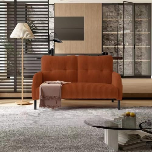47 Loveseat Sofa Small Couches for Small Spaces Comfy Corduroy Solid Wood Frame Modern Deep Seat 2 Seater Couch with Side Pockets for Bedroom Living Room Apartment Office (Orange)