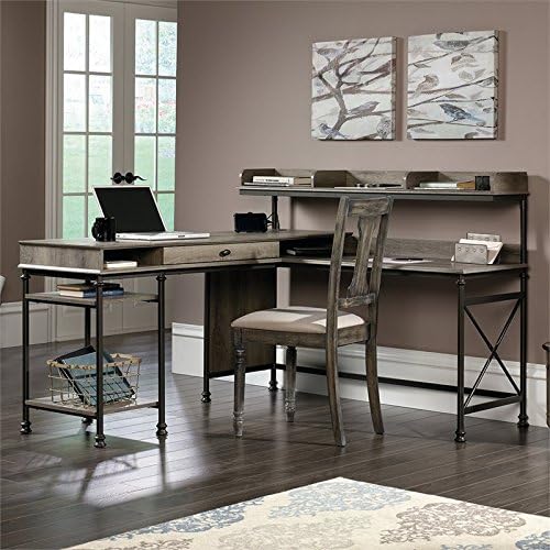 Pemberly Row L-Shape Wood and Metal Computer Desk Northern Oak Finish 60.75 in Wide Built-in USB Ports Cord Management Pencil Drawer Elevated Shelving Industrial Style Home Office Desk