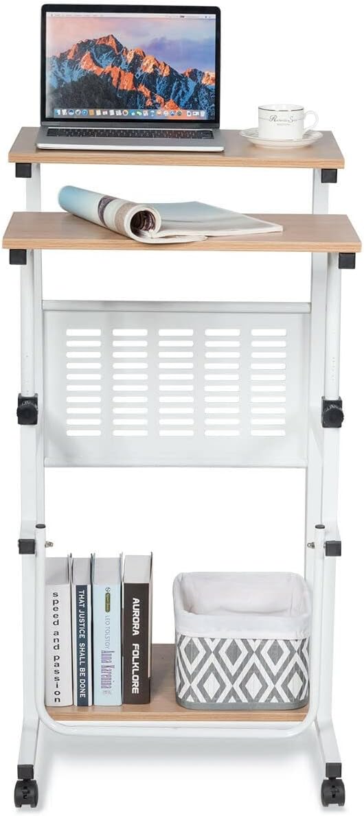 Height Adjustable Sit Stand Desk Home Office Desk with Wheels Rolling Computer Laptop Desk Corner Computer Desk Oak