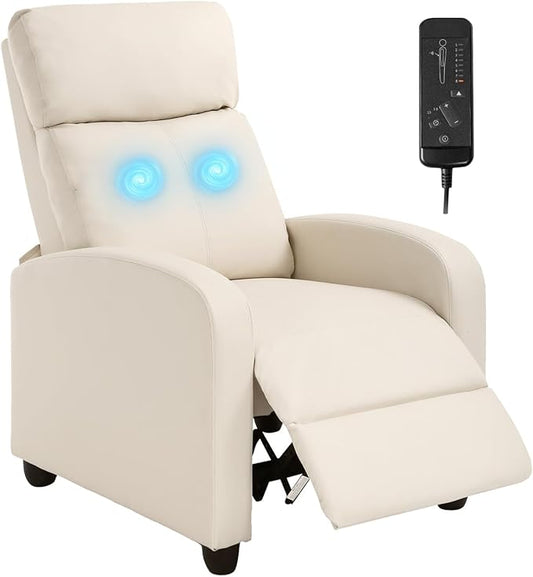 Recliner Chair PU Leather Massage Single Sofa Home Theater Seating Breathable Padded Reading Sofa with Footrest for Bedroom Living RoomBeige
