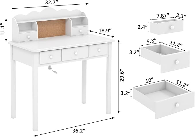 White Writing Desk with Hutch and Drawers 36 Inch Home Office Desk with Charge Station Computer Work Station with Storage Shelf