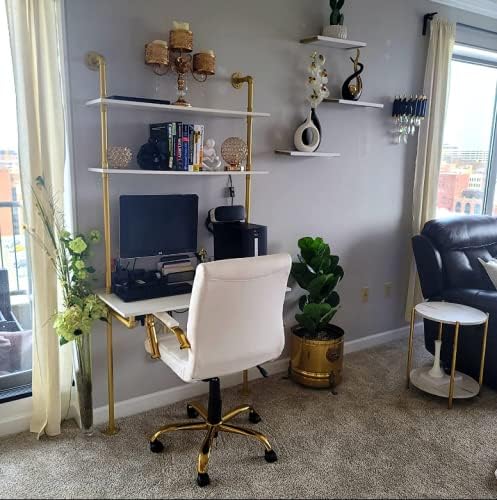 MAIKAILUN White and Gold Desk 36 Ladder Desk Wall Mount Computer Writing Table Pipe Shelf Shelving Mini Narrow Industrial Modern for Small Spaces(36x20x81)