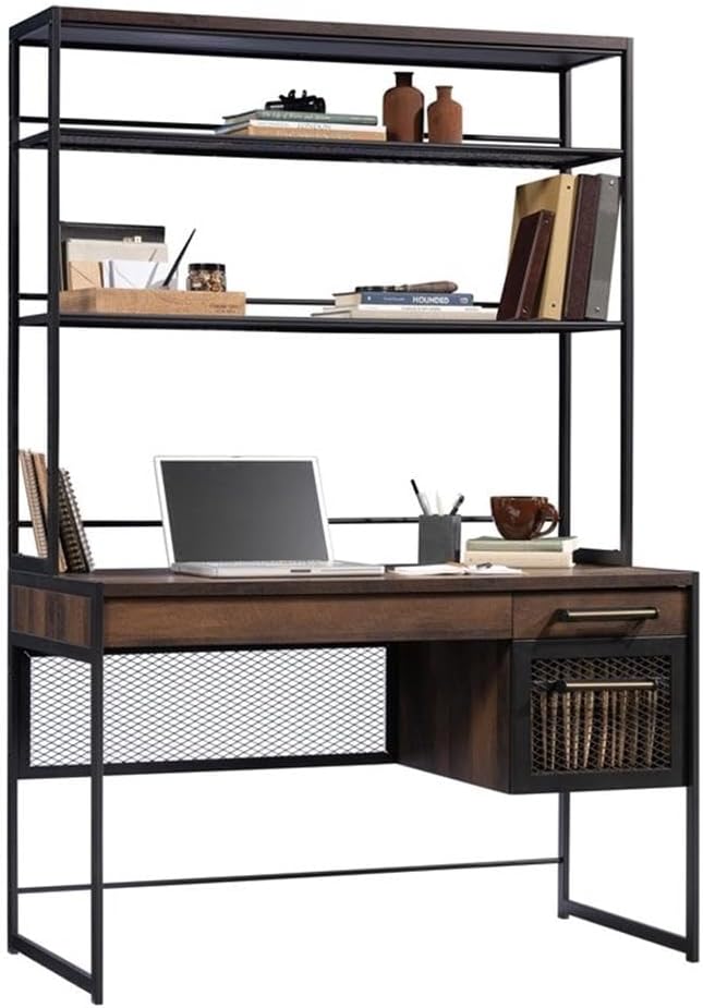Pemberly Row Engineered Wood Computer Desk with Hutch Barrel Oak Finish 72 in H x 48 in W x 23 in D Adjustable Shelves Keyboard Tray File Drawer Industrial Home Office Desk