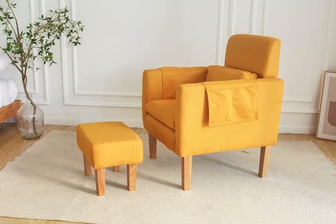 TAKUKA Modern Accent Chair with Ottoman SetComfy Fabric Armchair with Footrest Upholstered Chair with Side Pocket Soft Reading Lounge Chair for Living RoomBedroomOffice(Yellow)