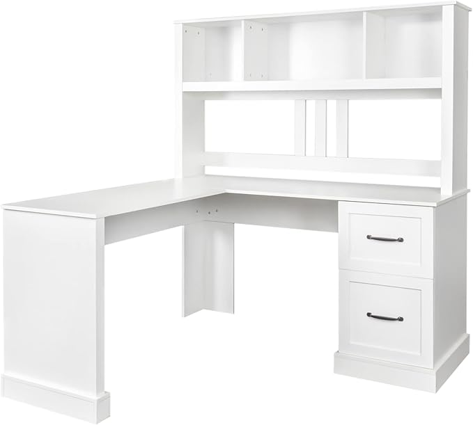 Merax L Shaped Computer Desk Home Office Desk with Hutch Drawers &amp Bookshelf Corner Desk Study Table Writing Desk with Storage for Home Office Small Writing Easy Assemble (White)