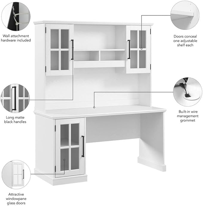 BOWERY HILL Modern 60W Computer Desk with Hutch White Ash Finish Storage Cabinet with Glass Doors Adjustable Shelves Matte Black Handles Home Office Desk Spacious Work Surface