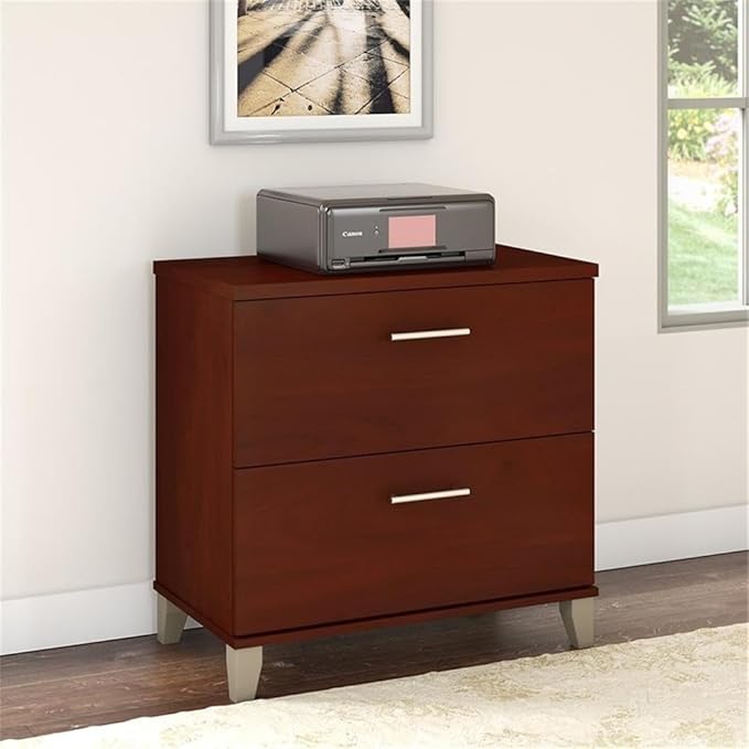 Pemberly Row Lateral File Cabinet 2 Drawer Hansen Cherry Finish Engineered Wood Construction Full-Extension Ball Bearing Slides Tapered Leg Accents Office Storage for Letter or Legal Files