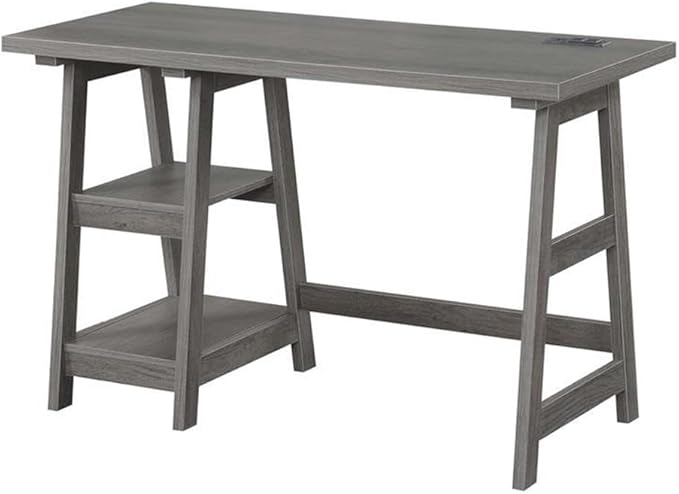 Pemberly Row Trestle Desk with Charging Station 47 x 20 x 29.25 in Particle Board and MDF Gray Wood Finish 2 Shelves 2 USB Ports 2 Plug Outlets Contemporary Home Office Desk