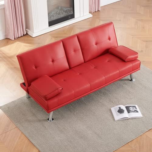 Futon Sofa Bed Modern Folding Couch for Small Space Faux Leather Convertible Loveseat Sleeper Bed Daybed Recliner Lounge Sofas for Living Room2 Cup HoldersMetal LegsRemovable Armrests (Red)