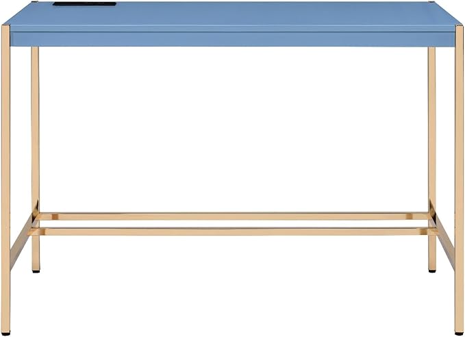 Penau Navy Blue and Gold Writing Desk Modern Office Desk with USB Ports Glossy Finish Rectangular Design 42.5In x 20.5In