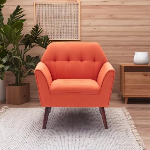 Kingfun Accent Chairs for Bedroom Midcentury Modern Accent Arm Chair for Living Room Linen Fabric Comfy Reading Chair Tufted Comfortable Sofa Chair Upholstered Single Sofa Orange