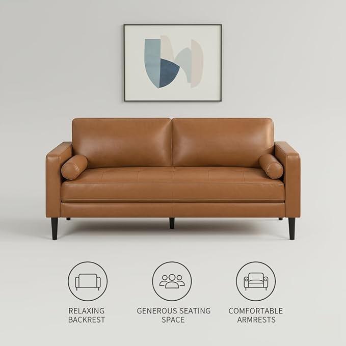 Naomi Home Genuine Leather Sofa - Revel in Exquisite Leather Opulence - Unparalleled Luxury Mid Century Sofa Embodiment of Cozy Lounging and Contemporary Design Tan