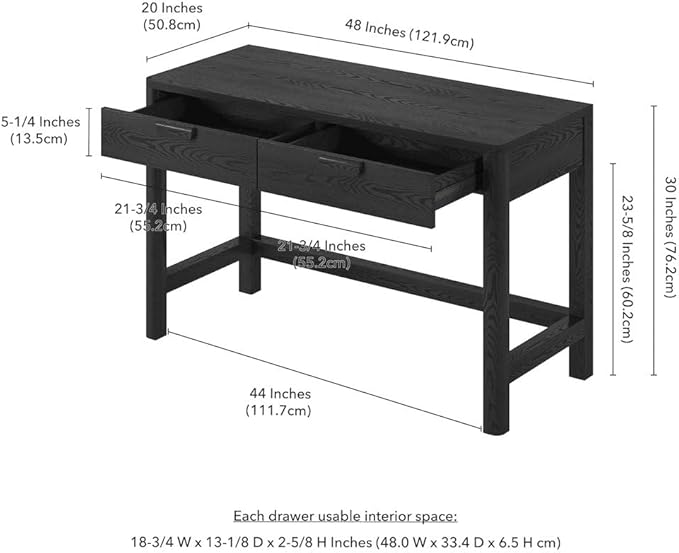 Henn&ampHart 48 Modern Rectangular Wooden Home Office Desk Computer Desk Writing Table with 2 Storage Drawers for Bedroom Living Room or Home Office Natural Black