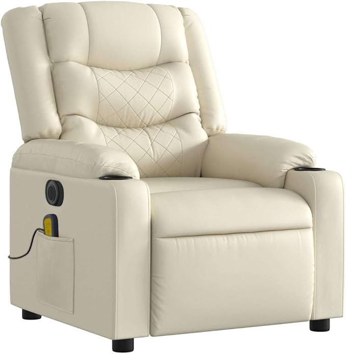 vidaXL Electric Massage Recliner Chair - Cream Wingback Armchair Faux Leather with Recline &amp Vibration Features for Living Room