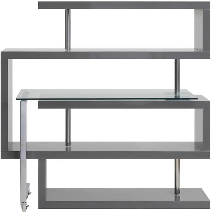 BOWERY HILL L-Shaped Glass Top Writing Desk Chrome and Gray High Gloss Finish Metal and MDF Construction 55 W x 24 D x 54 H 4 Shelves Swivel Function Modern Small Space Home Office Desk
