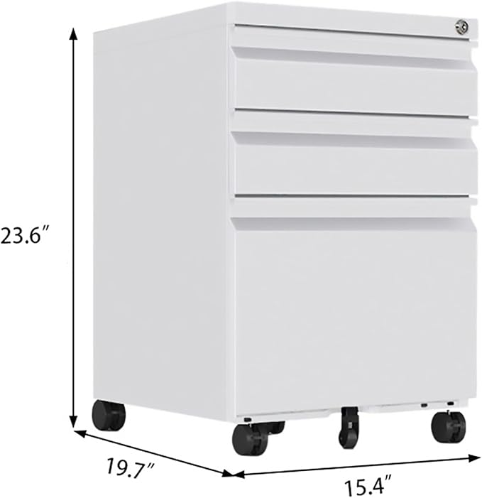 3 Drawer File Cabinet with Wheels Metal Filing Cabinets for Home Office with Lock Under Desk Drawer Organizer Fully Assembled Fits Letter A4 Standard Sizes (White 23.6*15.4*19.7)
