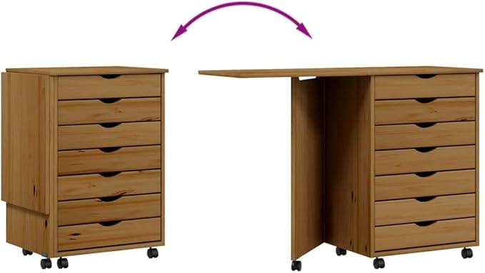 Foldable Design Rolling Cabinet with 7 Storage Drawers Mobile Home Office Study Writing Desk with Smooth Wheels Space Saving Compact Desk Honey Brown