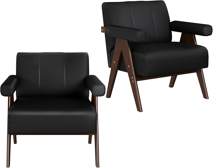 JIASTING Mid Century Modern Accent Chair Black Leather Office Reading Accent Chairs Small Comfy Side Arm Chairs for Living Room Bedroom Wood Arms (1 Black)