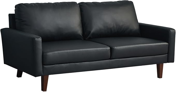 Faux Leather Sofa Mid-Century Modern Couch with Wooden Legs for Living Room Office Black