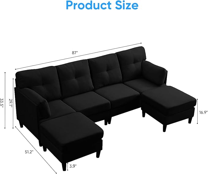 PUREMIND Sectional Couches for Living Room Modern Snow Velvet U-Shaped Sofa Couch with Double Chaise Upholstered 4 Seater Home Sofa for Living Room Apartment Office Black