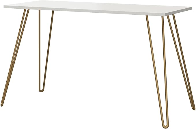 Writing Desk White and Gold - Minimalist Industrial Hairpin Leg Desk Sturdy Engineered Wood Desktop Compact Home Office Study Table Laptop Workstation