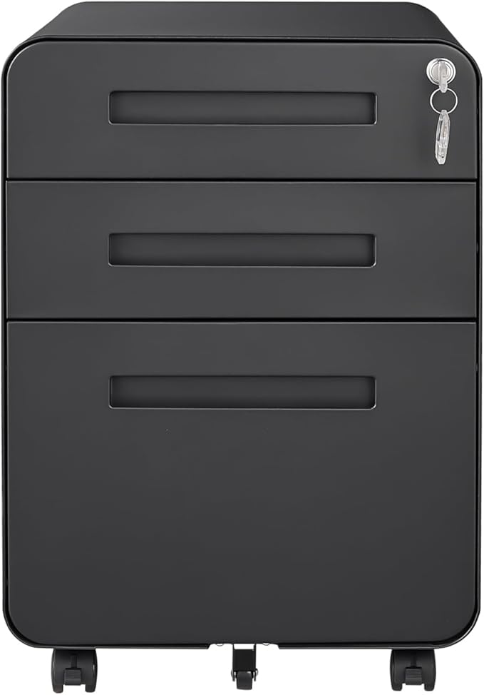 Secure 3-Drawer Mobile File Cabinet with Lock – Carbon Steel Filing Cabinet for A4/Letter/Legal – Under Desk Fully Assembled Anti-Tilt 5 Wheels Office Storage Organizer