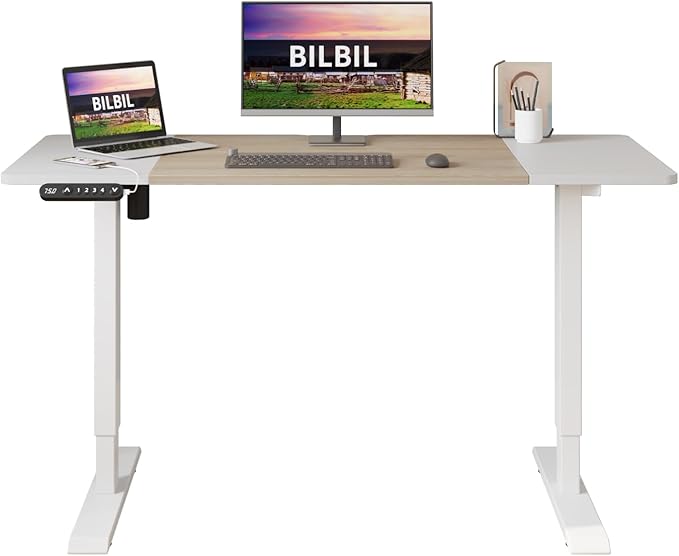 bilbil Height Adjustable Electric Standing Desk 55 x 24 Inches Sit Stand up for Work Office Home Ergonomic Rising Computer Table with Memory Preset with Splice Desktop (Oak White)