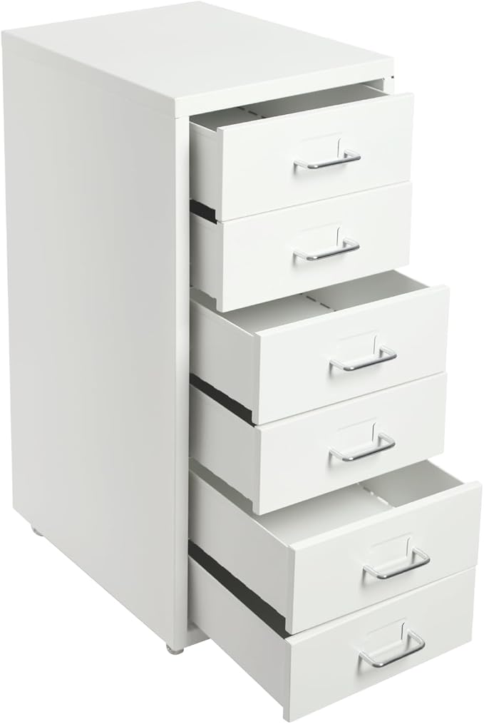 6 Drawers File Cabinet with Lock Rolling Mobile Filing Cabinet with Wheels Under Desk Vertical Filing Cabinet for Office/Home Metal (White)