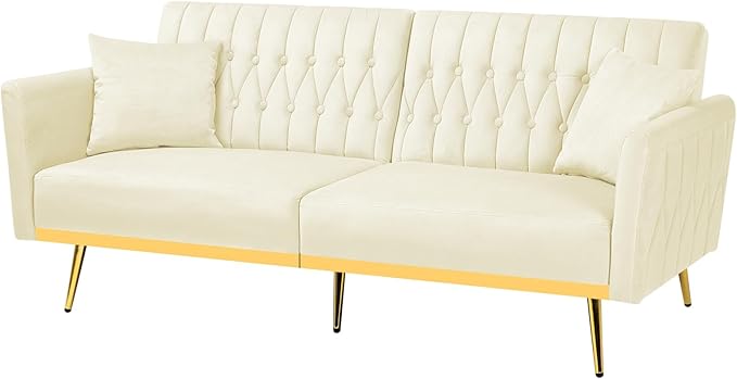 70” Velvet Futon Sofa Bed with 2 Pillows and Adjustable Armrests Convertible Sleeper Bed W/Adjustable Backrests Modern Loveseat for Living Room Bedroom Beige