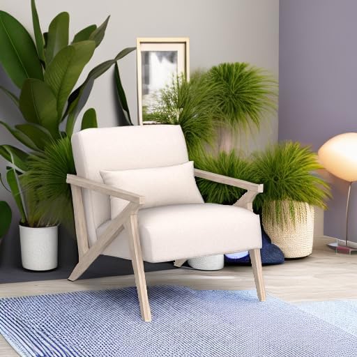 INZOY Mid Century Modern Chair with Wood Frame Upholstered Armchair with Waist Cushion Accent Chair for Living Room Bedroom Apartment Easy Assembly Beige