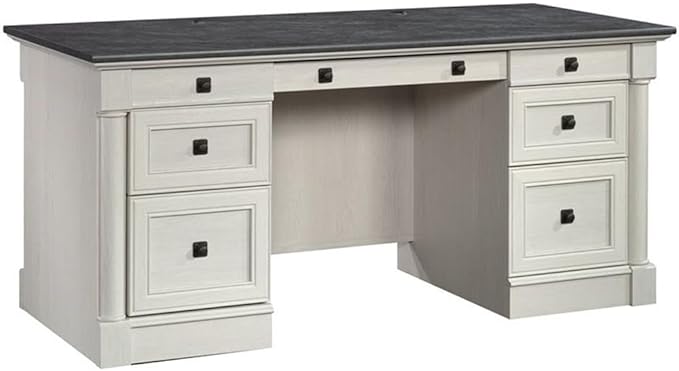 Sauder Palladia Office Desk with Drawers Executive Desk with File Cabinet Storage Cable Management Keyboard Tray in Glacier Oak Finish