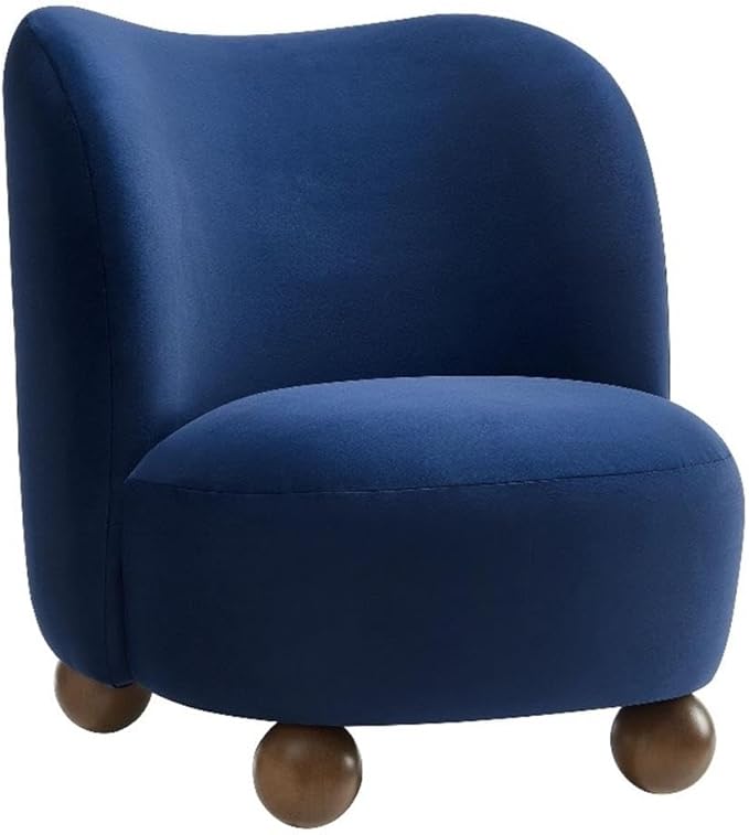 Modway Monroe Performance Velvet Accent Chair in Midnight Blue Walnut - Upholstered Stain-Resistant Barrel Chair - Comfy Lounge Chair - Oversized Round Armless Reading Chair for Living Room