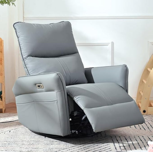 270° Power Swivel Rocker Recliner Chair for Adults – Electric Reclining Small Sofa Chair with Smooth Rocking &amp Rotation Comfortable Single Recliner for Living Room Bedroom (Blue+PU)