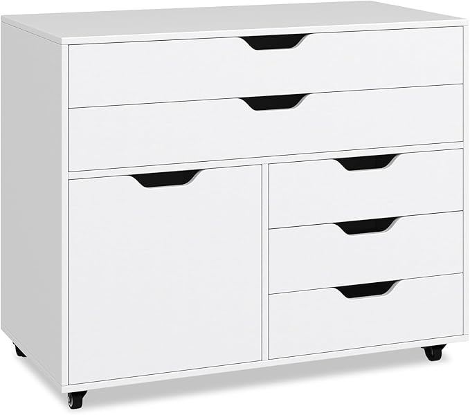 File Cabinet 5 Drawer Filing Cabinet with Door Mobile Storage Organizer Wooden Printer Stand on Wheels for Study Home Office Living Room White